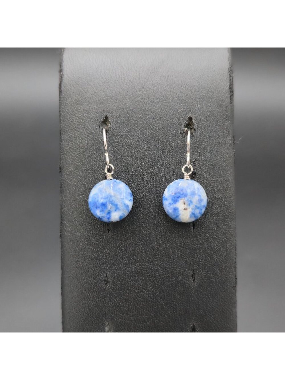 Sterling Silver Blue Sodalite Round Coin Gemstone Dangle Earrings A8890